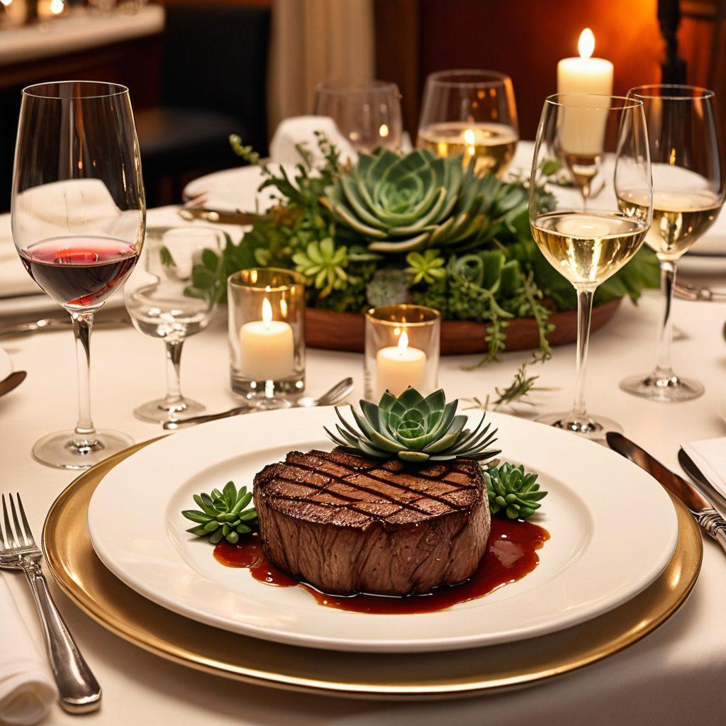 A beautifully set dining table at Ruth Chris Steakhouse, featuring elegant cutlery, fine crystal wine glasses, and a succulent, perfectly grilled steak as the centerpiece. The ambiance is warm and inviting, with soft candlelight and rich wooden decor in the background, hinting at a romantic dining experience. Soft green plants subtly add freshness to the scene. A delectable dessert on the side plate enhances the visual appeal. super-realistic. warm tones. elegant ambience.