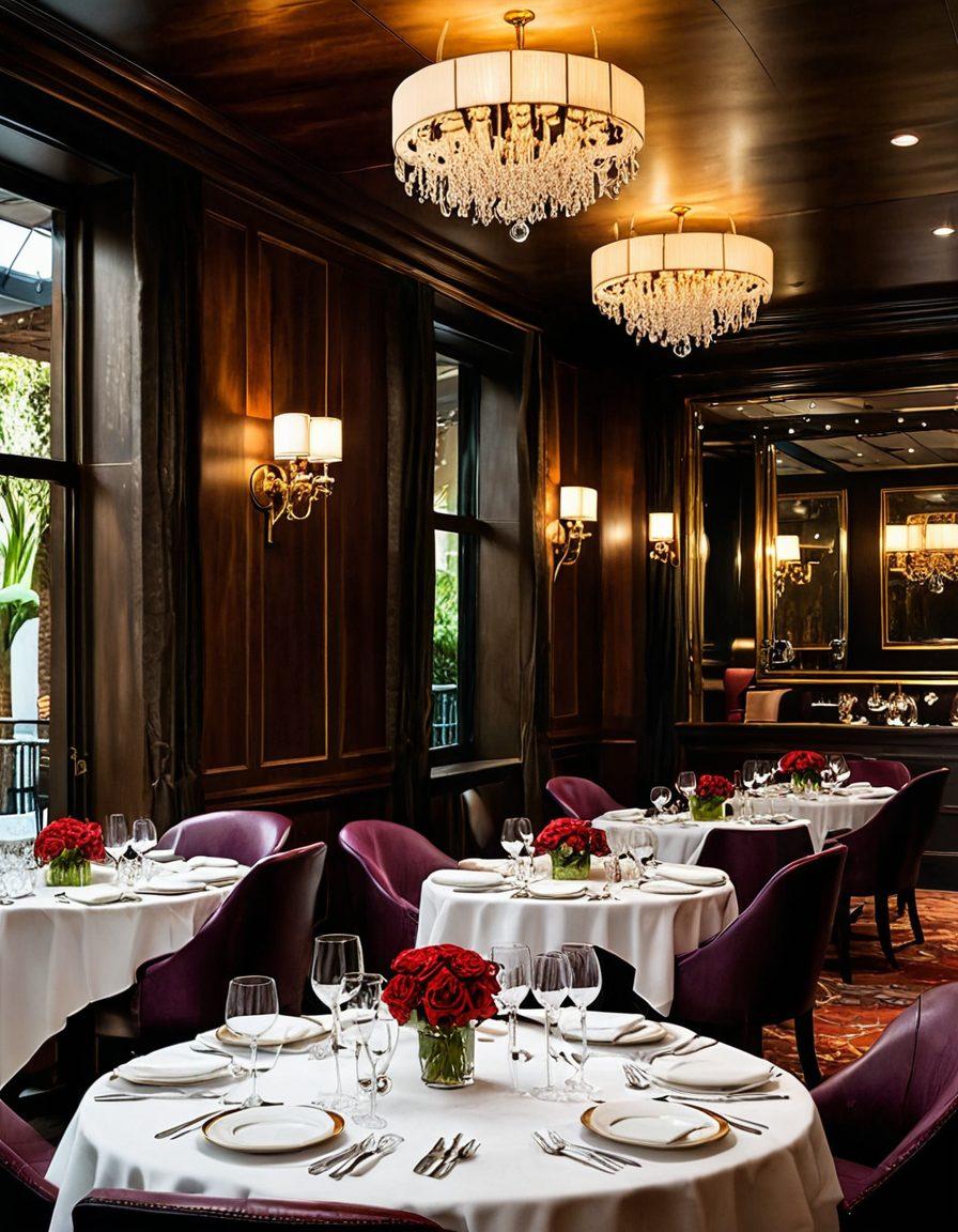 A luxurious dining scene featuring an elegantly set table with fine china and crystal glassware, surrounded by vibrant, mouth-watering dishes like a perfectly cooked steak and gourmet sides. Warm ambient lighting creates an inviting atmosphere, with attentive staff members ready to serve. The background showcases a rustic yet upscale interior design with wooden accents and plush seating, embodying the essence of high-end hospitality. super-realistic. vibrant colors. warm ambiance.