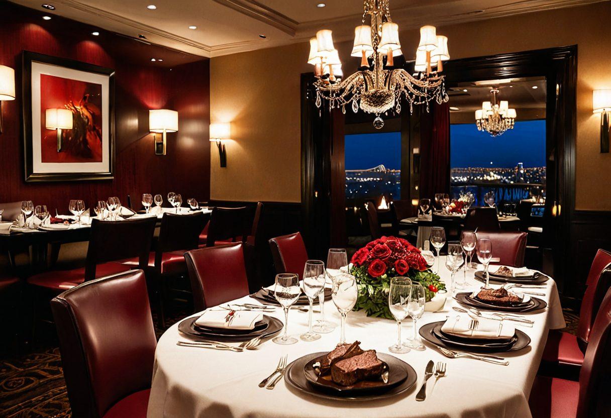 An elegant dining table set at Ruth Chris Steakhouse, featuring a perfectly cooked steak, vibrant side dishes, and red wine in crystal glasses. Soft candlelight casts a warm glow on rich, dark wood decor, with plush seating in the background. The atmosphere exudes luxury and comfort, inviting guests to savor their culinary experience. super-realistic. warm tones. fine dining ambiance.